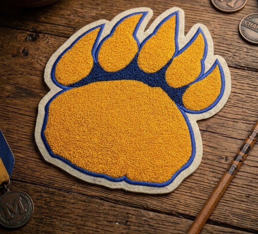 Custom gold chenille bear paw patch with blue embroidered border, designed for varsity jackets, letterman apparel, sports uniforms, and custom team branding. Custom Chenille Bear Paw Patch